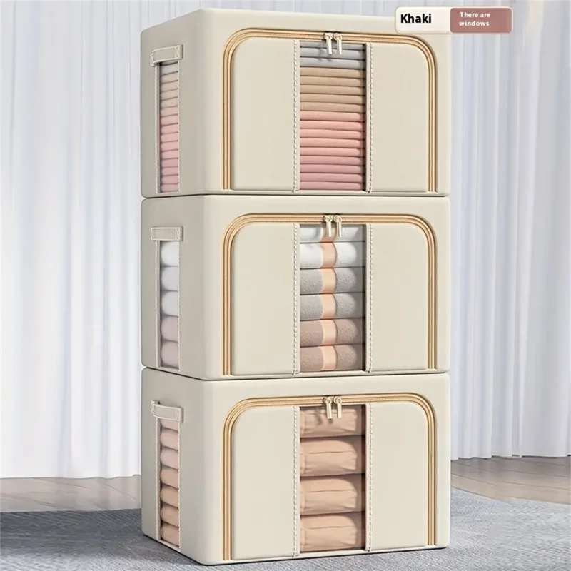 66L 50x30x33cm Lagringslåda i Oxfordtyg med genomskinligt fönster, stor kapacitet, veckbar förvaringslåda för kläder - Beige