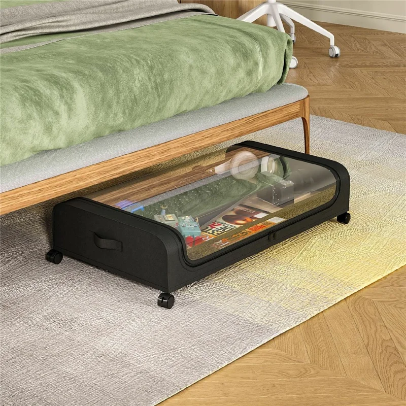 80x43x16 cm förvaringslåda för sängen med hjul, Oxford-tyg, genomskinligt fönster, rullande förvaring för sovrummet - Svart