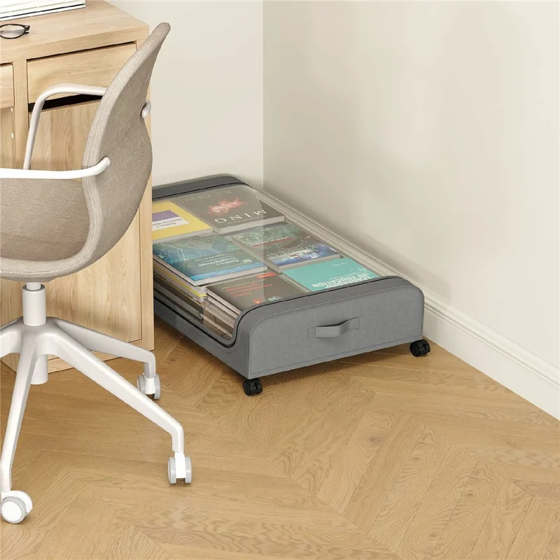 80x43x16 cm förvaringslåda för sängen med hjul, Oxford-tyg, genomskinligt fönster, rullande förvaring för sovrummet - Svart