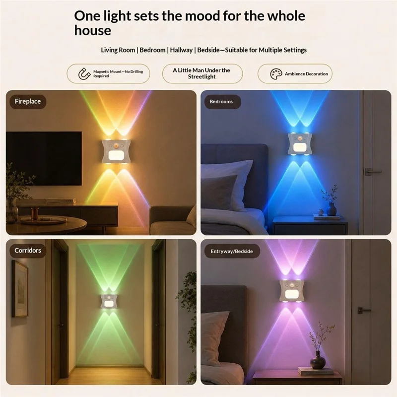 Veilleuse LED RGB intelligente sans fil avec capteur de mouvement, 16 couleurs dégradées, lampe murale magnétique - Blanc