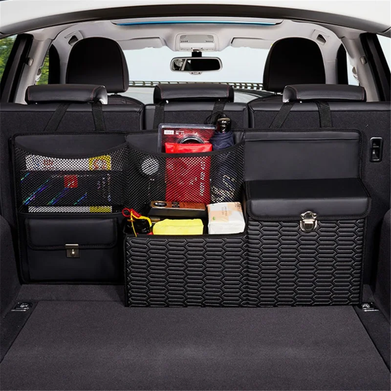 Organizador de Porta-Malas de Couro PU com Pendurar Caixa de Grande Capacidade Bolsa de Armazenamento Dobrável - Preto