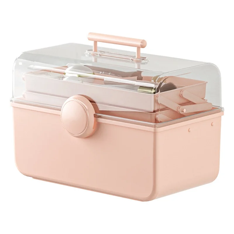Size XL Desktop Cosmetics PP Storage Box Clear Lid Dustproof Makeup Organizer with Handle - Pink