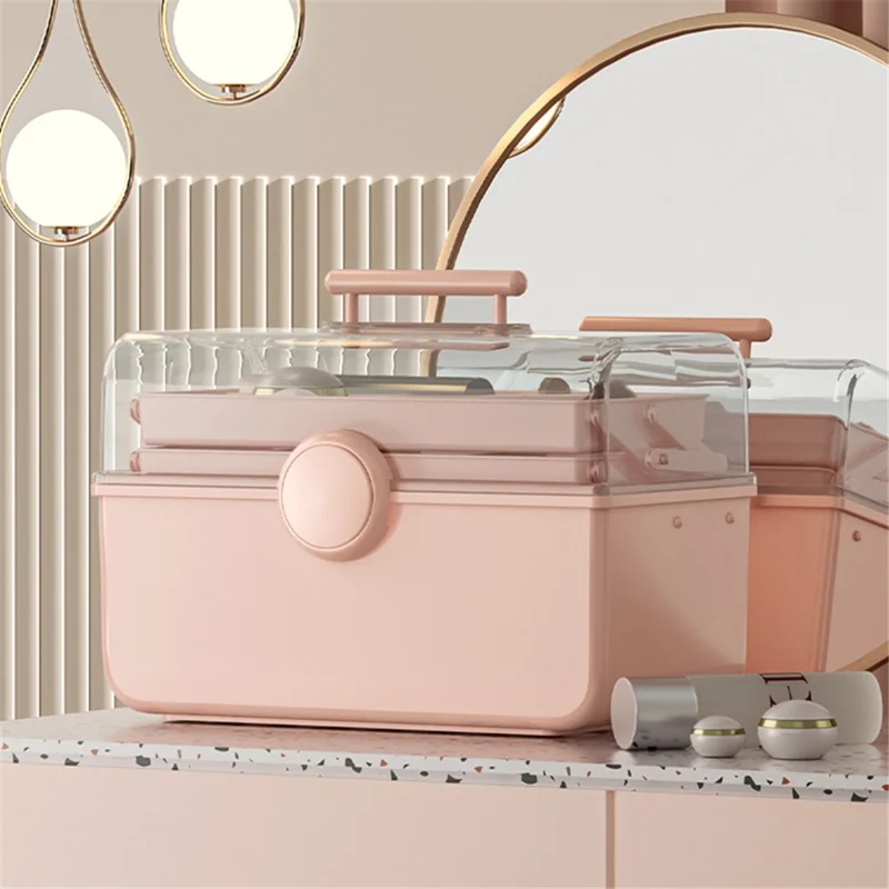 Size XL Desktop Cosmetics PP Storage Box Clear Lid Dustproof Makeup Organizer with Handle - Pink