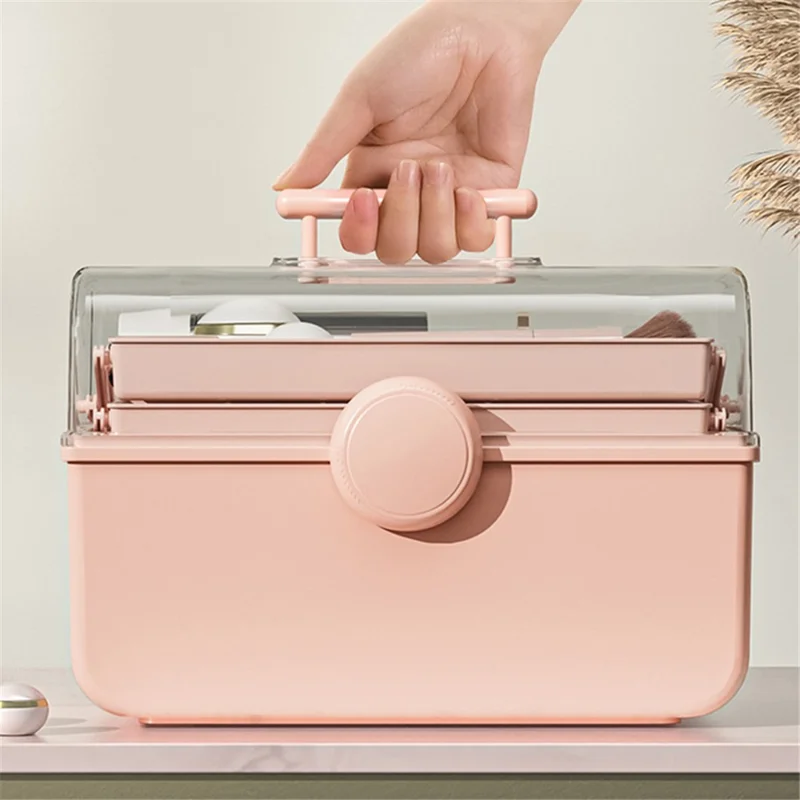 Size XL Desktop Cosmetics PP Storage Box Clear Lid Dustproof Makeup Organizer with Handle - Pink