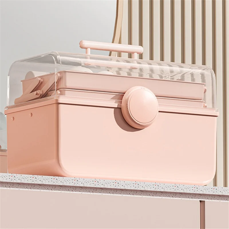 Size XL Desktop Cosmetics PP Storage Box Clear Lid Dustproof Makeup Organizer with Handle - Pink