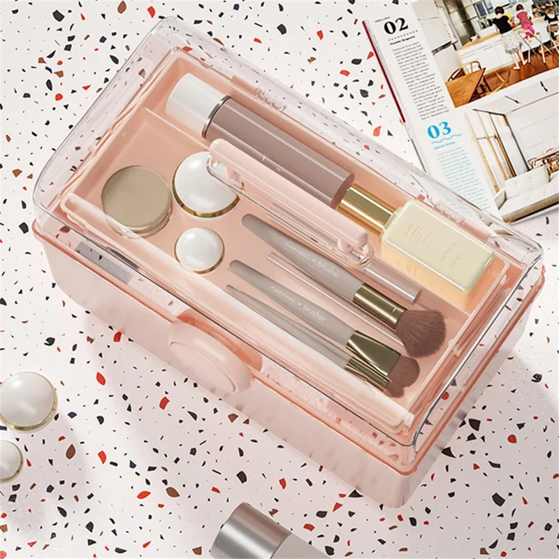 Size XL Desktop Cosmetics PP Storage Box Clear Lid Dustproof Makeup Organizer with Handle - Pink