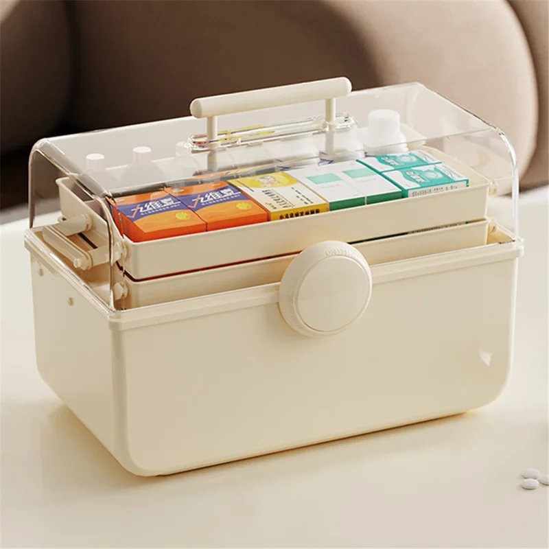 Size XL Desktop Cosmetics PP Storage Box Clear Lid Dustproof Makeup Organizer with Handle - Cream Color