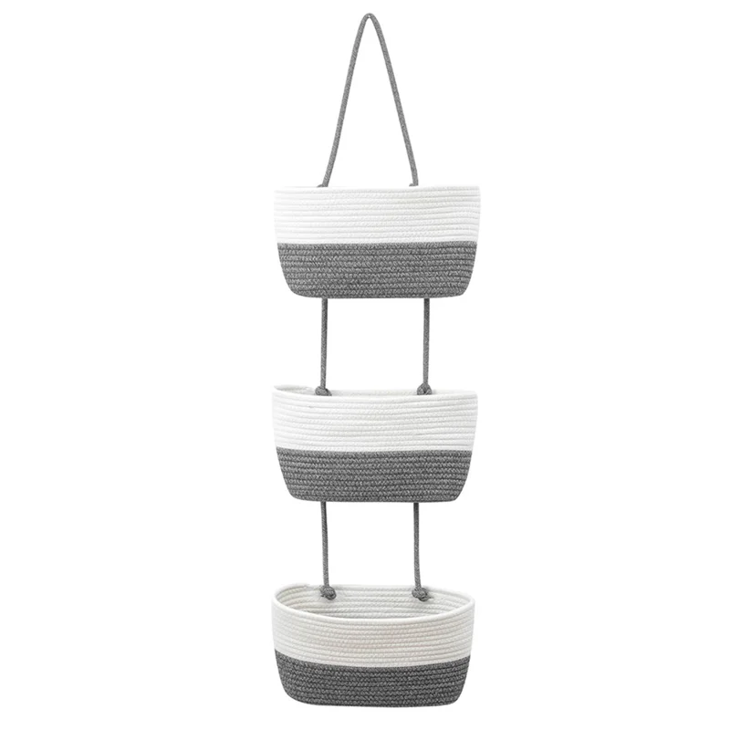 AB-034 Cotton Rope 3-layer Storage Basket Wall-mounted Door Hanging Storage Basket - White+Dark Grey