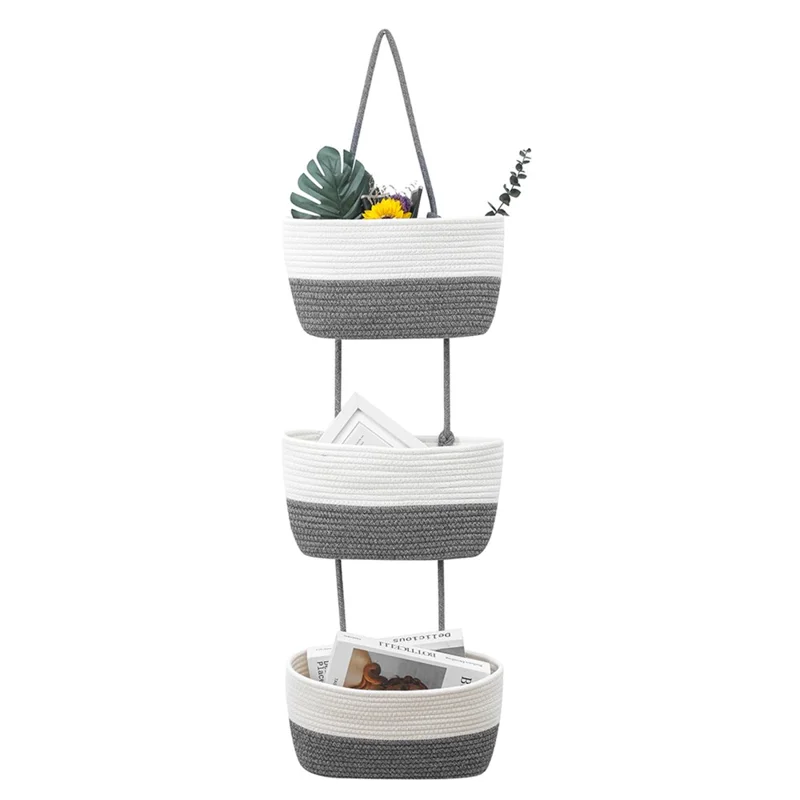 AB-034 Cotton Rope 3-layer Storage Basket Wall-mounted Door Hanging Storage Basket - White+Dark Grey