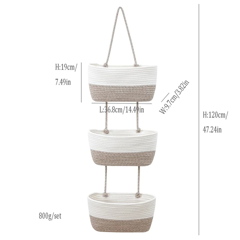 AB-034 Cotton Rope 3-layer Storage Basket Wall-mounted Door Hanging Storage Basket - White+Dark Grey