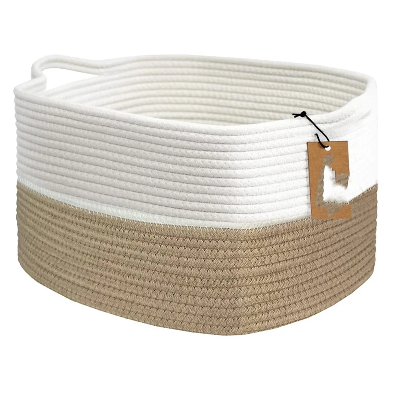 AB-008 Dirty Clothes Toys Magazine Storage Basket Dual Handle Cotton Rope Laundry Basket - White+Linen Color