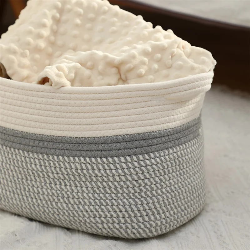 AB-008 Dirty Clothes Toys Magazine Storage Basket Dual Handle Cotton Rope Laundry Basket - White+Linen Color