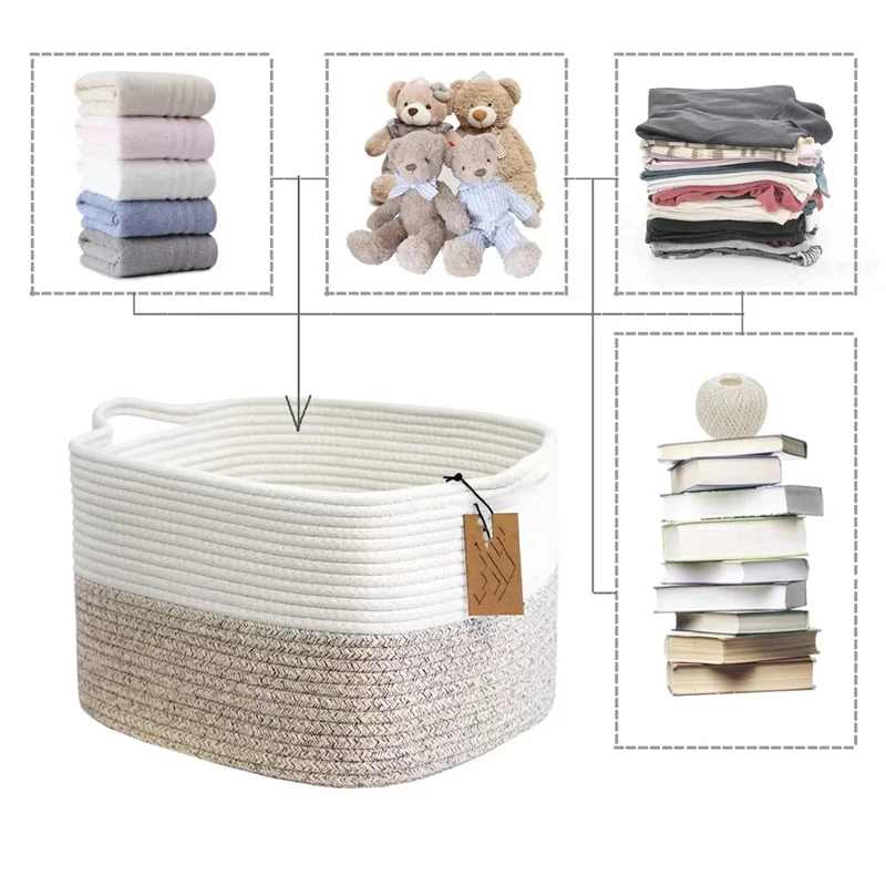 AB-008 Dirty Clothes Toys Magazine Storage Basket Dual Handle Cotton Rope Laundry Basket - White+Linen Color