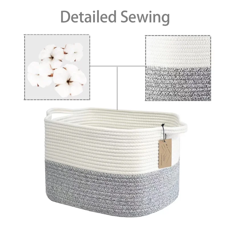 AB-008 Dirty Clothes Toys Magazine Storage Basket Dual Handle Cotton Rope Laundry Basket - White+Linen Color