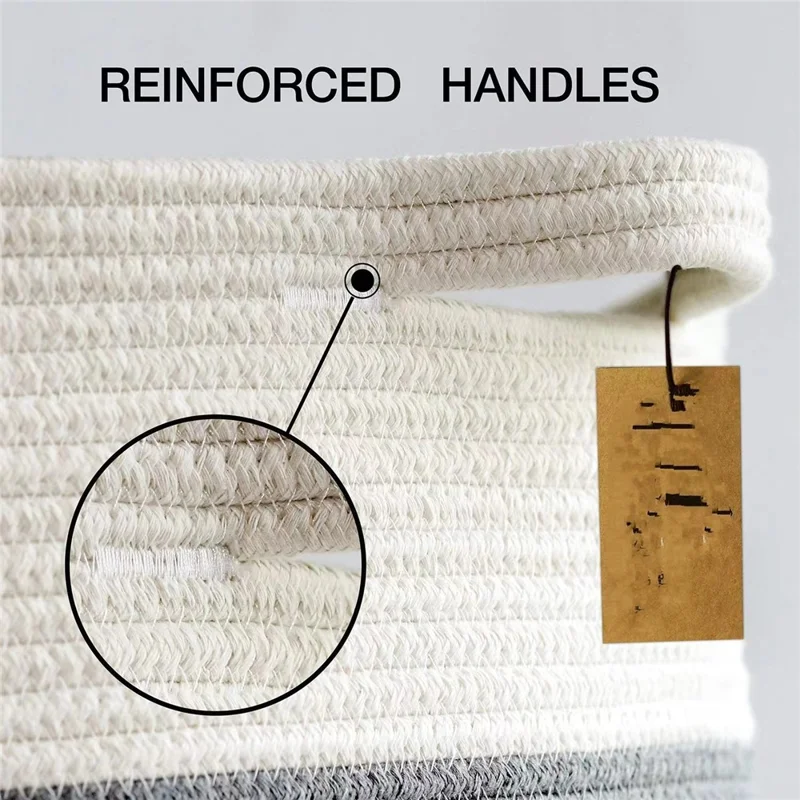 AB-008 Dirty Clothes Toys Magazine Storage Basket Dual Handle Cotton Rope Laundry Basket - White+Linen Color