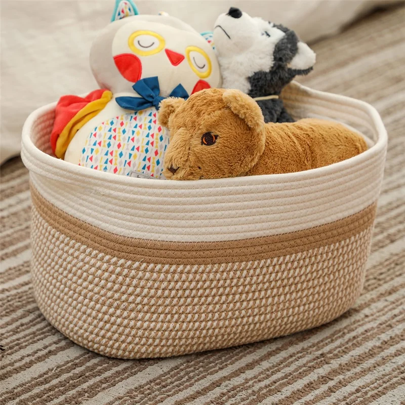 AB-008 Dirty Clothes Toys Magazine Storage Basket Dual Handle Cotton Rope Laundry Basket - White+Linen Color