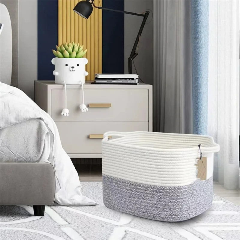 AB-008 Dirty Clothes Toys Magazine Storage Basket Dual Handle Cotton Rope Laundry Basket - White+Linen Color
