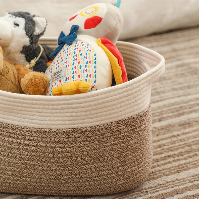 AB-008 Dirty Clothes Toys Magazine Storage Basket Dual Handle Cotton Rope Laundry Basket - White+Linen Color
