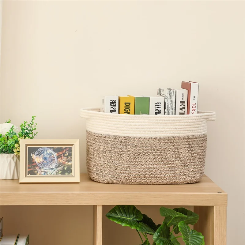 AB-008 Dirty Clothes Toys Magazine Storage Basket Dual Handle Cotton Rope Laundry Basket - White+Linen Color