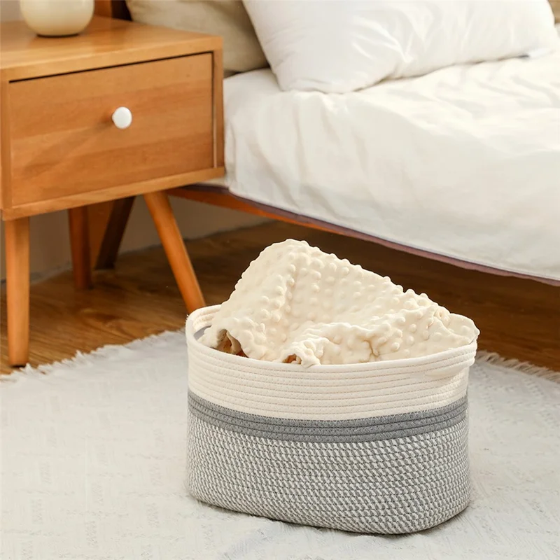 AB-008 Dirty Clothes Toys Magazine Storage Basket Dual Handle Cotton Rope Laundry Basket - White+Linen Color