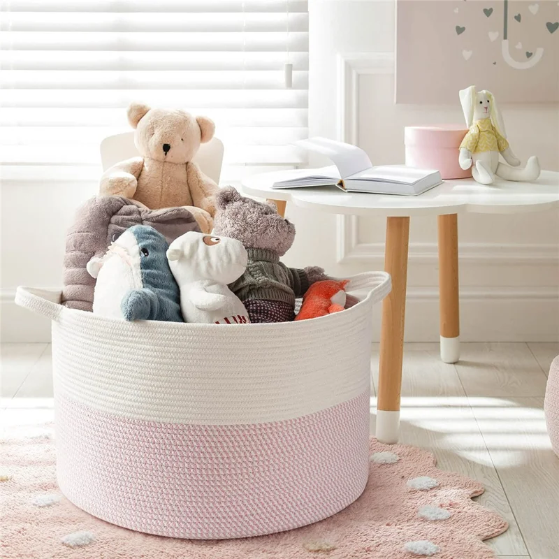 AB-019 Extra Large Dirty Clothes Blankets Toys Storage Basket Cotton Rope Round Laundry Basket - White+Pink+White