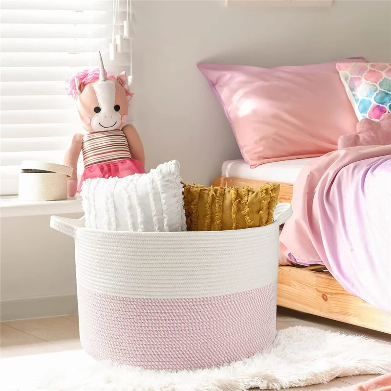 AB-019 Extra Large Dirty Clothes Blankets Toys Storage Basket Cotton Rope Round Laundry Basket - White+Pink+White