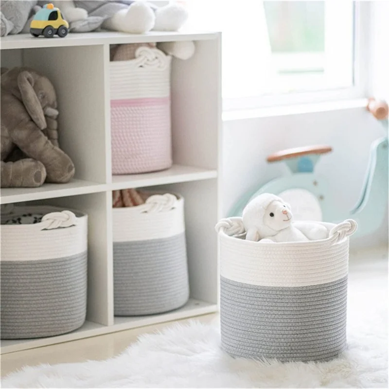 AB-026 Color Splicing Cotton Rope Storage Basket Toys Clothes Sundries Storage Basket - White+Light Grey