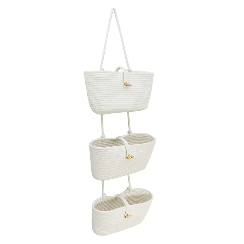 AB-037 3-layer Cotton Rope Storage Basket Button Design Wall Door Hanging Storage Basket - White