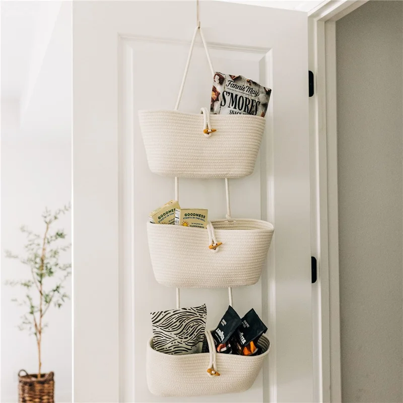 AB-037 3-layer Cotton Rope Storage Basket Button Design Wall Door Hanging Storage Basket - White