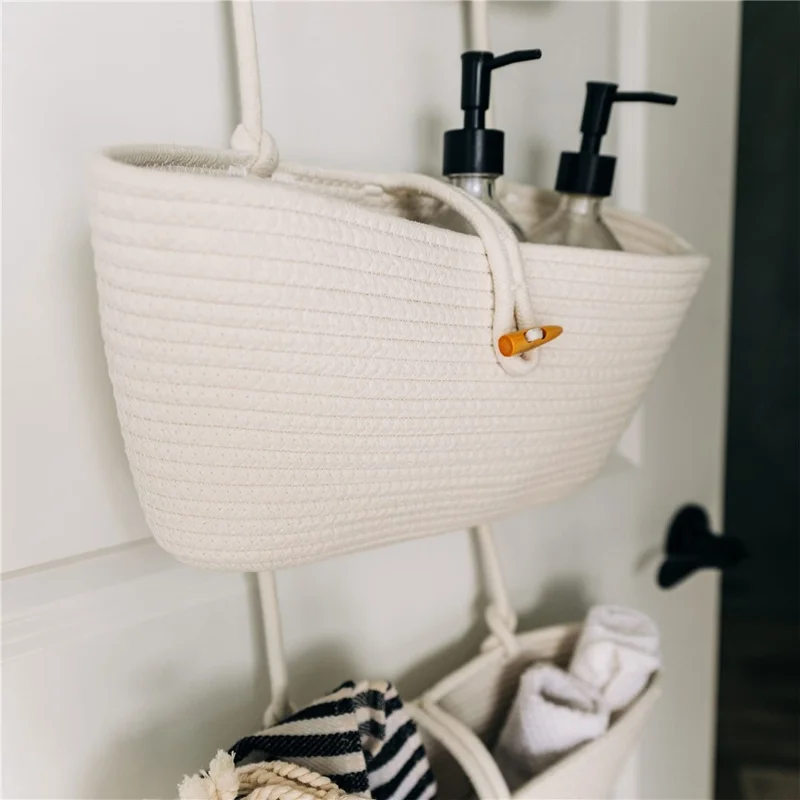 AB-037 3-layer Cotton Rope Storage Basket Button Design Wall Door Hanging Storage Basket - White