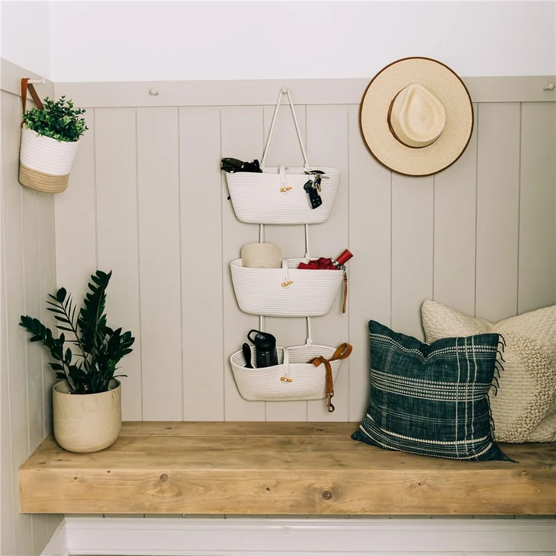AB-037 3-layer Cotton Rope Storage Basket Button Design Wall Door Hanging Storage Basket - White