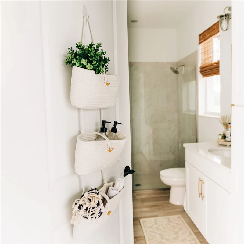 AB-037 3-layer Cotton Rope Storage Basket Button Design Wall Door Hanging Storage Basket - White