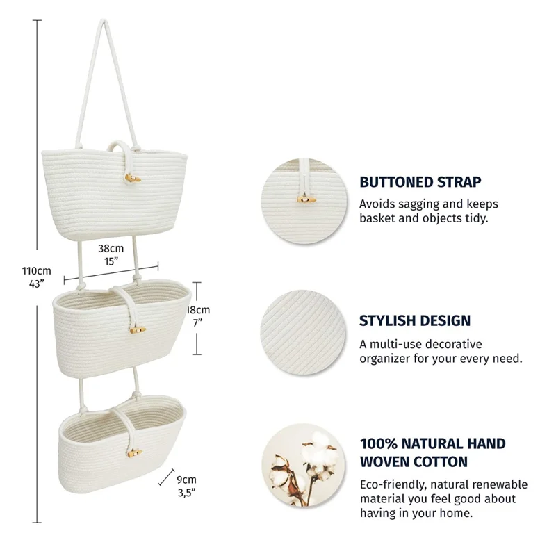AB-037 3-layer Cotton Rope Storage Basket Button Design Wall Door Hanging Storage Basket - White