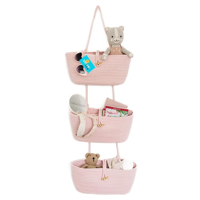 AB-037 3-layer Cotton Rope Storage Basket Button Design Wall Door Hanging Storage Basket - Pink