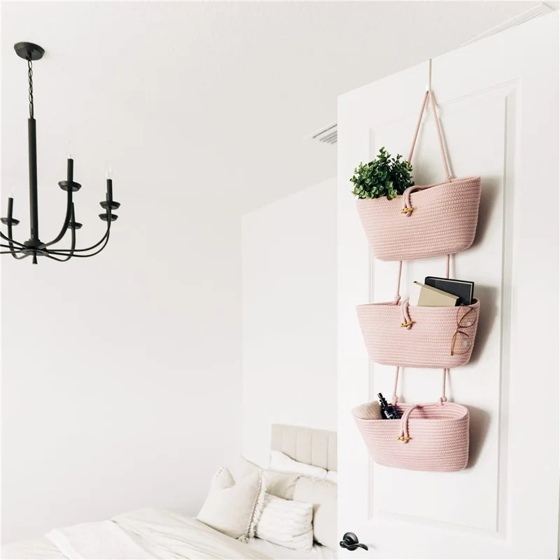 AB-037 3-layer Cotton Rope Storage Basket Button Design Wall Door Hanging Storage Basket - Pink