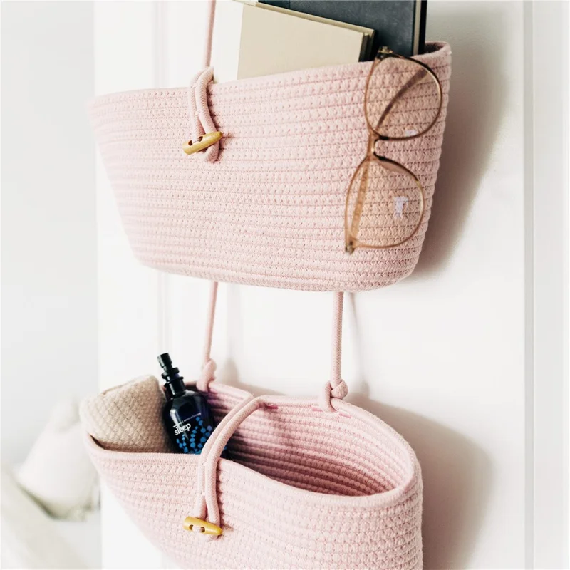 AB-037 3-layer Cotton Rope Storage Basket Button Design Wall Door Hanging Storage Basket - Pink