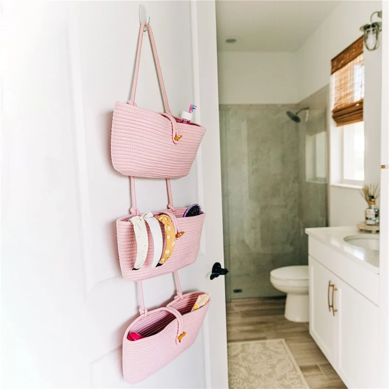 AB-037 3-layer Cotton Rope Storage Basket Button Design Wall Door Hanging Storage Basket - Pink