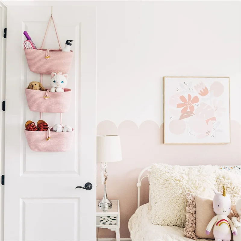 AB-037 3-layer Cotton Rope Storage Basket Button Design Wall Door Hanging Storage Basket - Pink