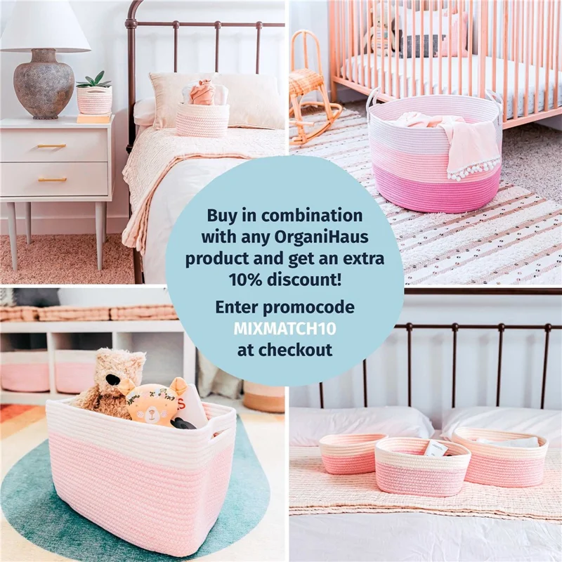 AB-037 3-layer Cotton Rope Storage Basket Button Design Wall Door Hanging Storage Basket - Pink