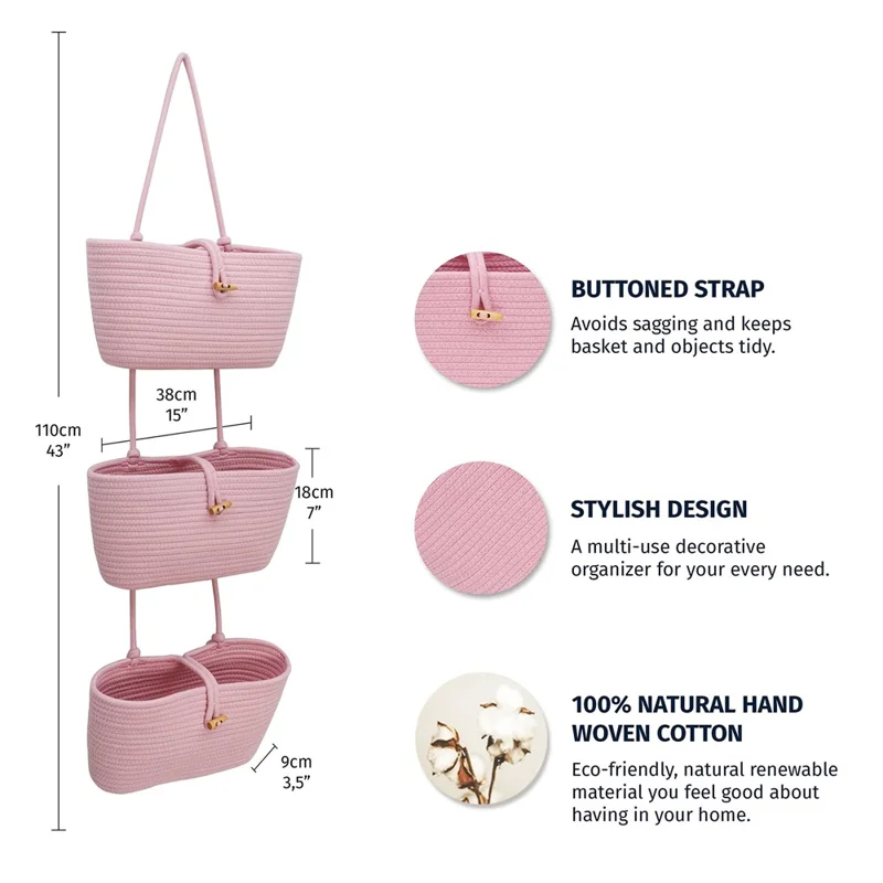 AB-037 3-layer Cotton Rope Storage Basket Button Design Wall Door Hanging Storage Basket - Pink