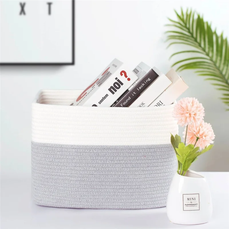 AB-085 Cotton Rope Storage Basket for Toys Magazine Dual Handle Sundries Organizer Basket - White+Light Grey