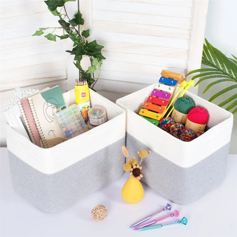 AB-085 Cotton Rope Storage Basket for Toys Magazine Dual Handle Sundries Organizer Basket - White+Light Grey