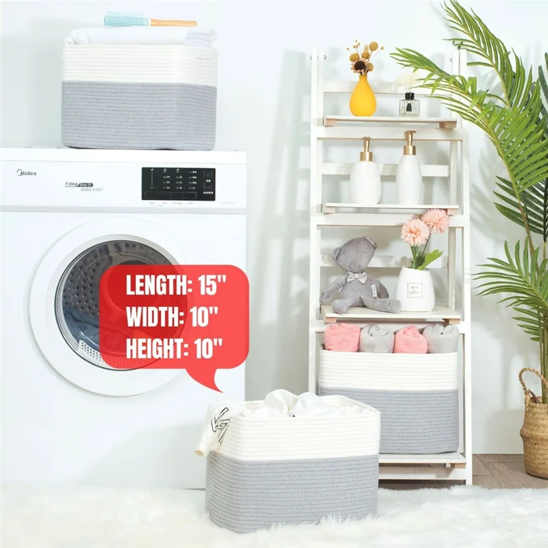 AB-085 Cotton Rope Storage Basket for Toys Magazine Dual Handle Sundries Organizer Basket - White+Light Grey