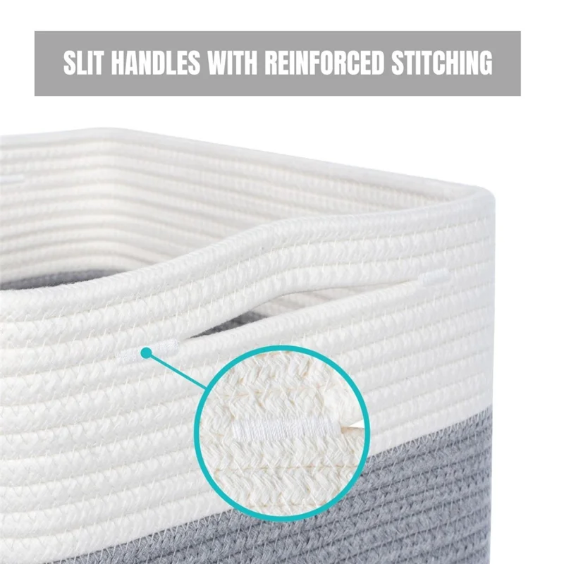 AB-085 Cotton Rope Storage Basket for Toys Magazine Dual Handle Sundries Organizer Basket - White+Light Grey