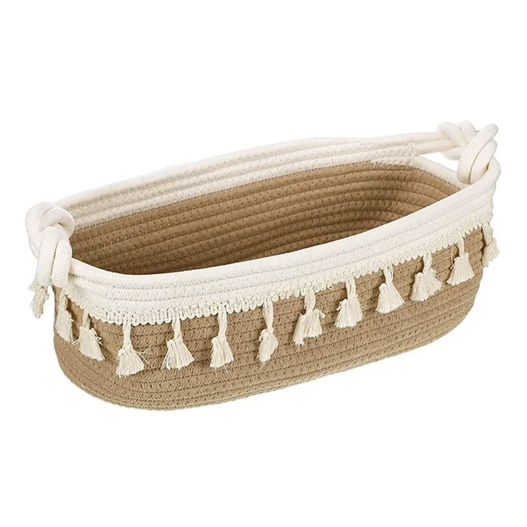 AB-042 Toys Storage Basket Tassels Decor Cotton Rope Woven Organizer Box for Shampoo, Towel - Light Brown