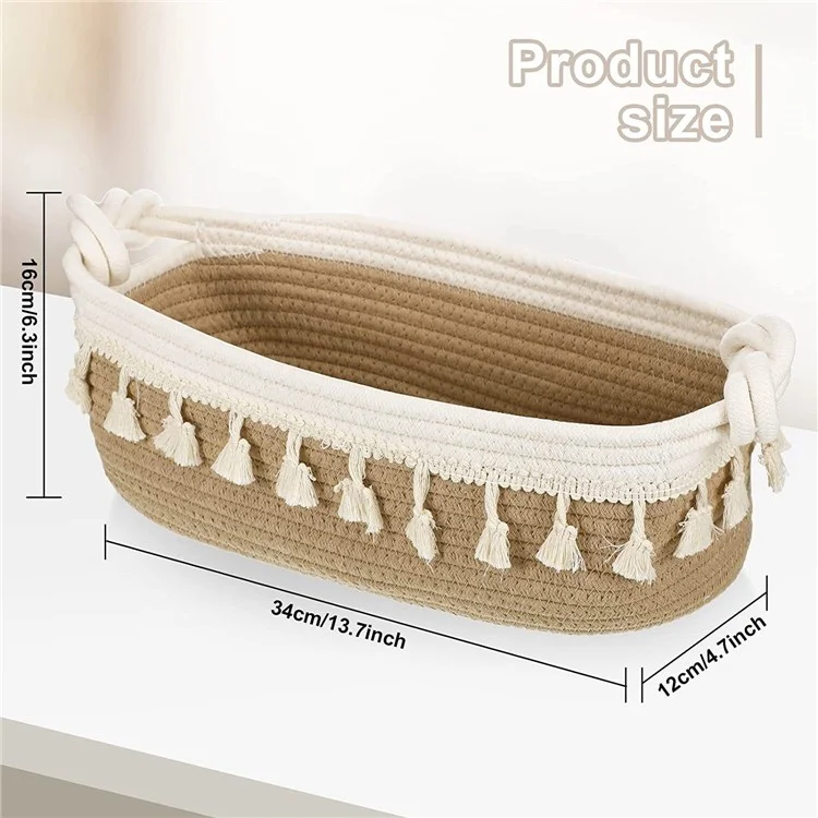 AB-042 Toys Storage Basket Tassels Decor Cotton Rope Woven Organizer Box for Shampoo, Towel - Light Brown