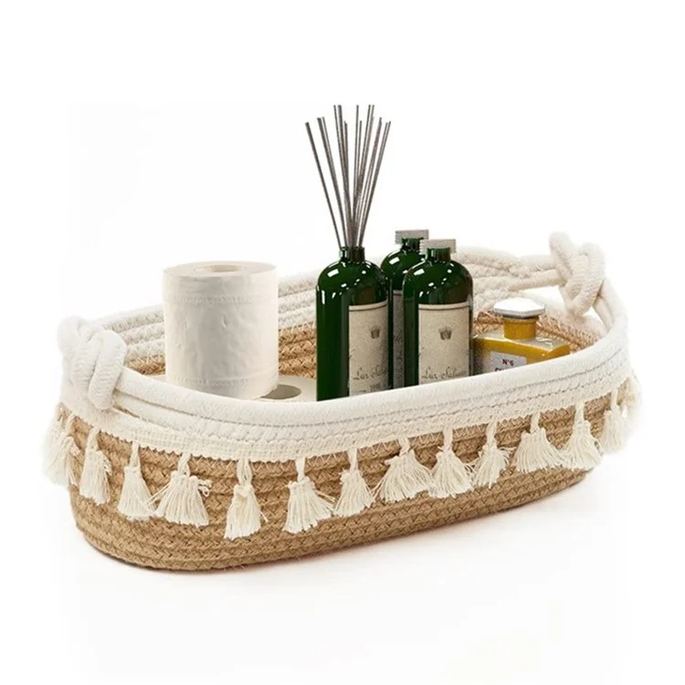 AB-042 Toys Storage Basket Tassels Decor Cotton Rope Woven Organizer Box for Shampoo, Towel - Light Brown