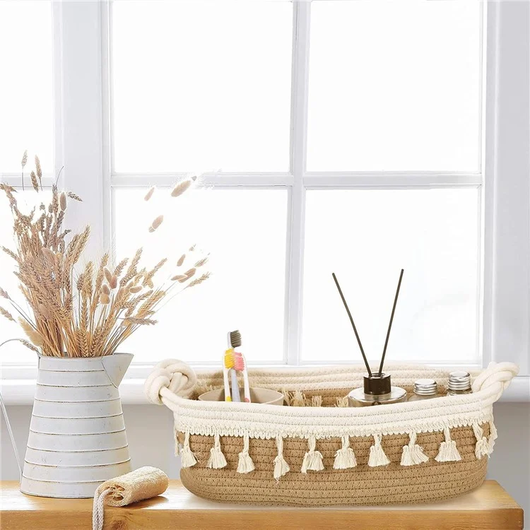 AB-042 Toys Storage Basket Tassels Decor Cotton Rope Woven Organizer Box for Shampoo, Towel - Light Brown