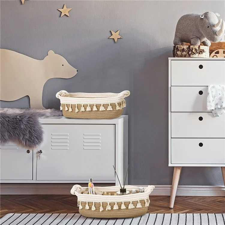 AB-042 Toys Storage Basket Tassels Decor Cotton Rope Woven Organizer Box for Shampoo, Towel - Light Brown