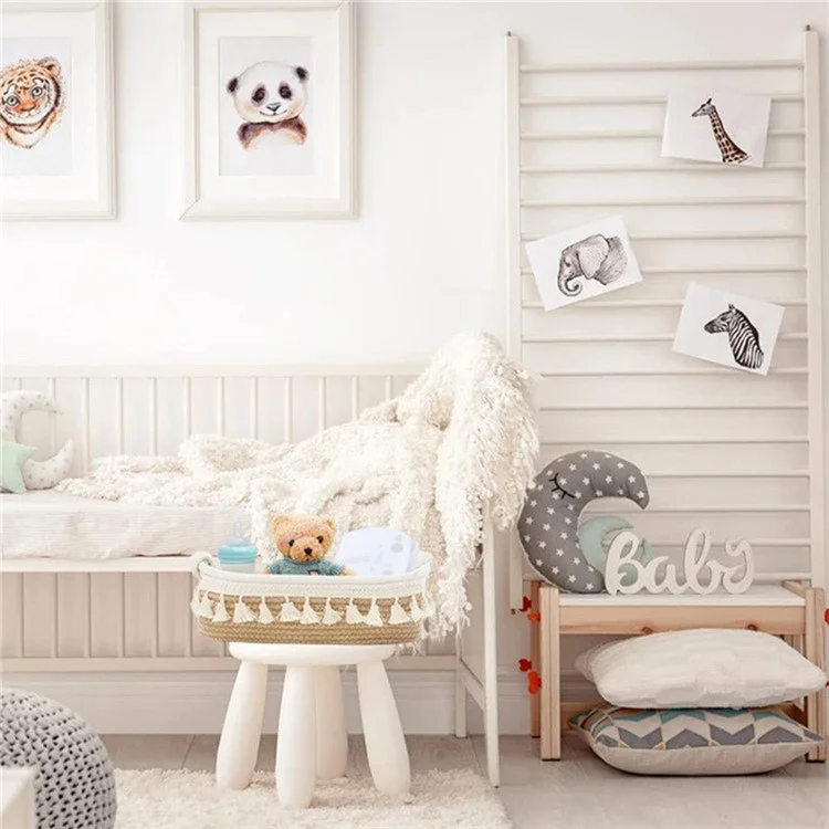 AB-042 Toys Storage Basket Tassels Decor Cotton Rope Woven Organizer Box for Shampoo, Towel - Light Brown